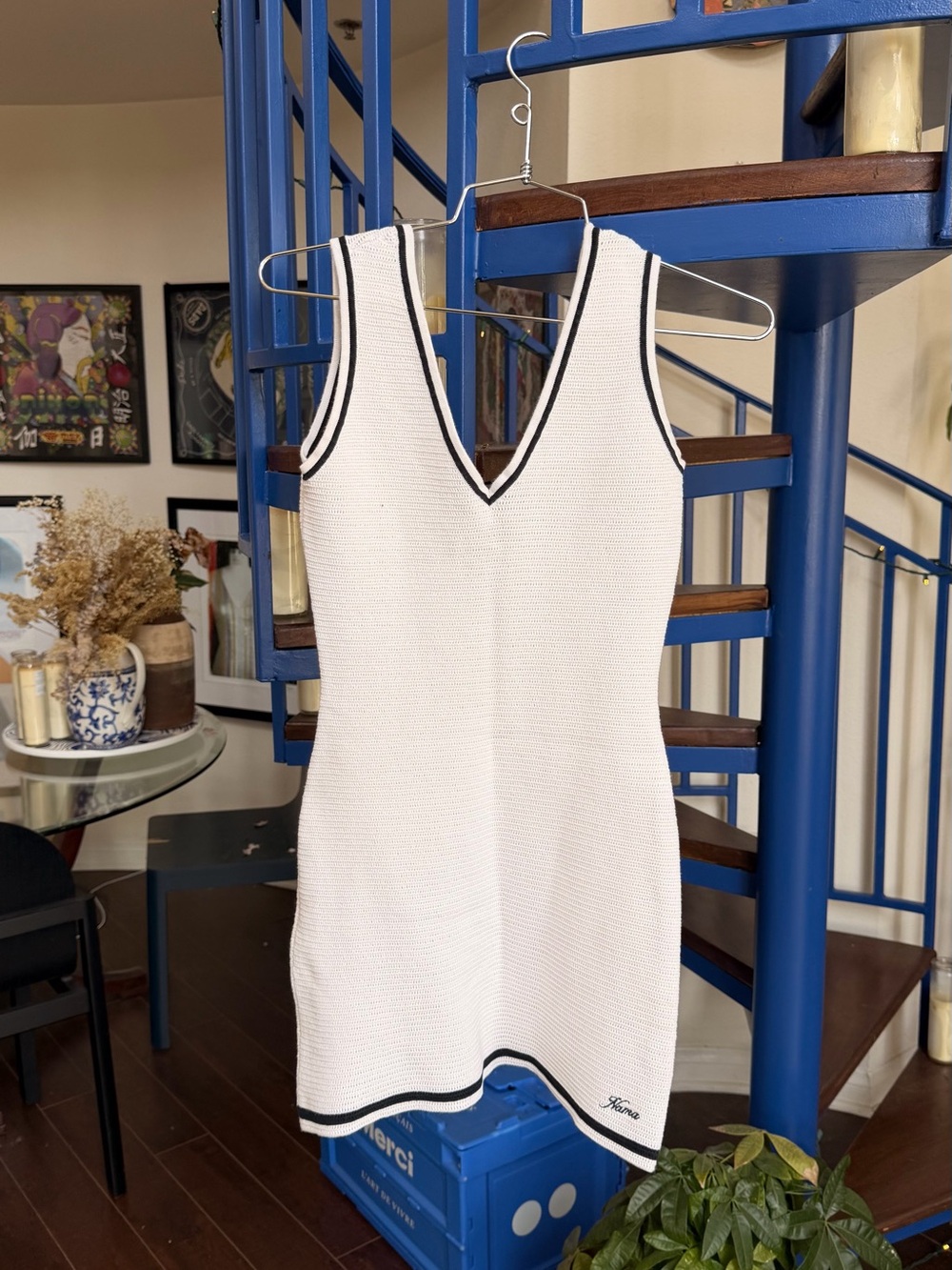 White Sleeveless V-Neck Knit Mini Dress with Black Trim